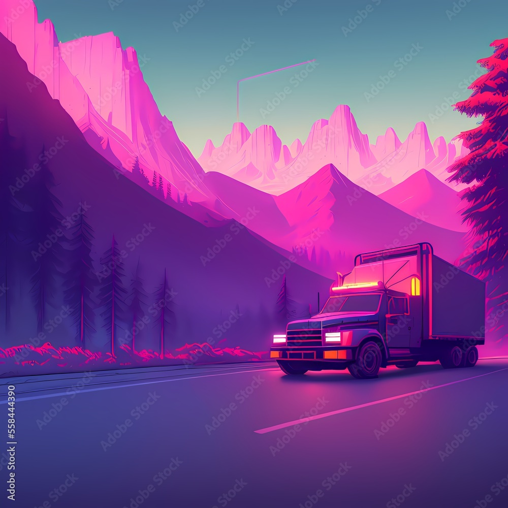 a truck driving down a road with a mountain in the background at sunset or dawn with a blue hue