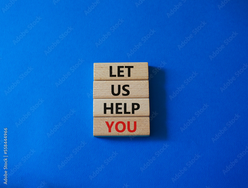 Let us help you symbol. Wooden blocks with words Let us help you. Beautiful blue background. Business and Let us help you concept. Copy space. Let us help you symbol. Wooden blocks with words Let us help you. Beautiful blue background. Business and Let us help you concept. Copy space.
