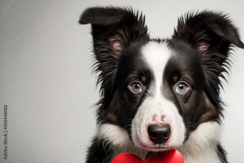 Concept for Saint Valentine's Day. Funny photo of an adorable puppy border collie carrying a red heart on its nose and set against a white backdrop. On Valentine's Day, a kind dog presents a gift. the