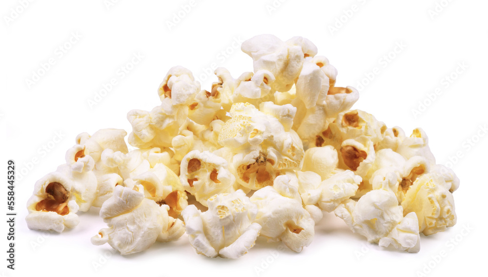 Popcorn isolated. A handful of fresh popcorn flakes on a white background.