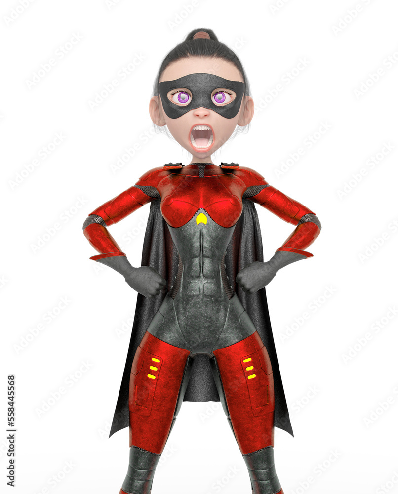 superheroine girl is yelling and also doing a power pose in white background superheroine girl is yelling and also doing a power pose in white background