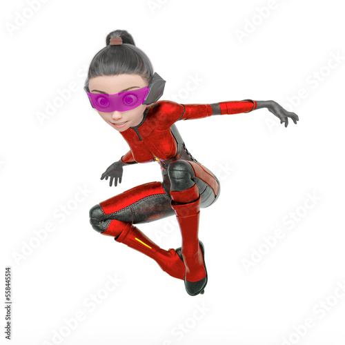 superheroine girl is running and looking down in white background