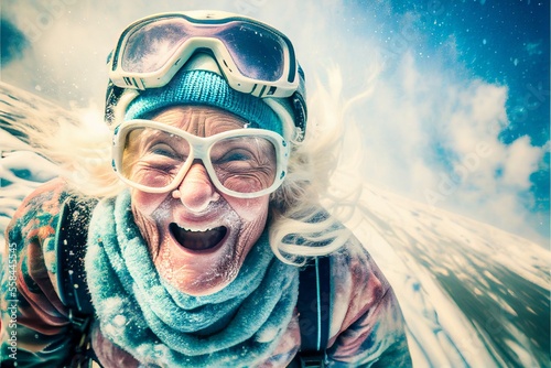 Old woman on the snowboard has a lot of fun in the snow. Takes a selfie. Generative AI