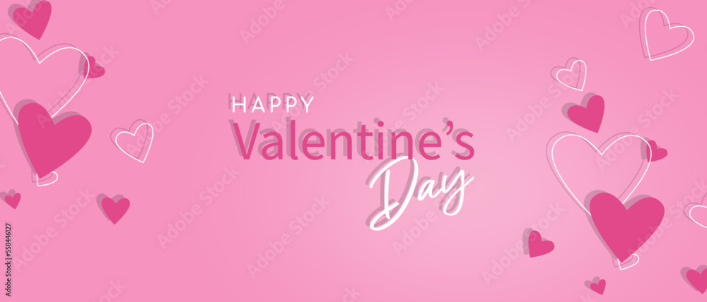 Valentines Day pink background horisontal template with heart. Vector illustration