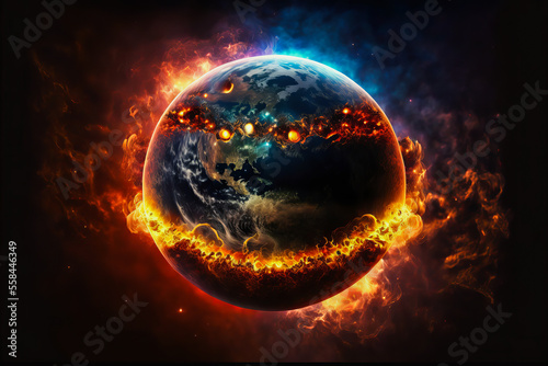 A spectacular last day on Earth, represented here by a planet exploding from within. An image capable of arousing emotions, for various graphic uses.