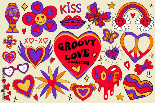 Valentine's day groovy retro 70s set elements. Love and peace collection clip art hand drawing style. Rainbow, power flowers, hearts modern trendy objects. vector illustration