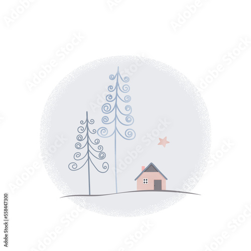 Seamless pattern curly Christmas tree and houses