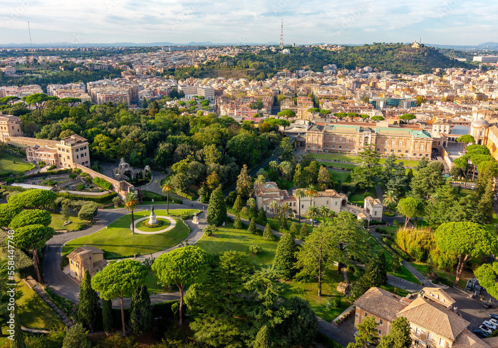 Vatican gardens seen from top of St. Peter's basilica, center of Rome, Italy