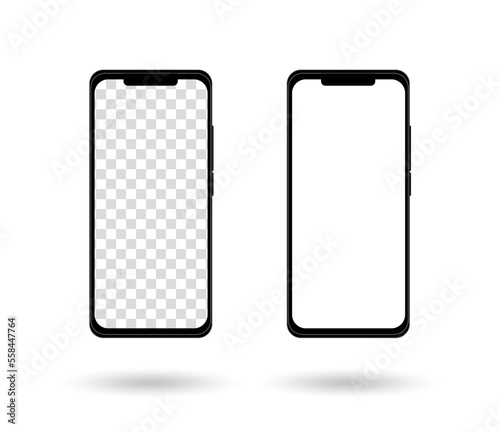Two realistic smartphone mockups. Cellphone frame with transparent and white blank displays isolated templates, front views. Vector mobile device concept