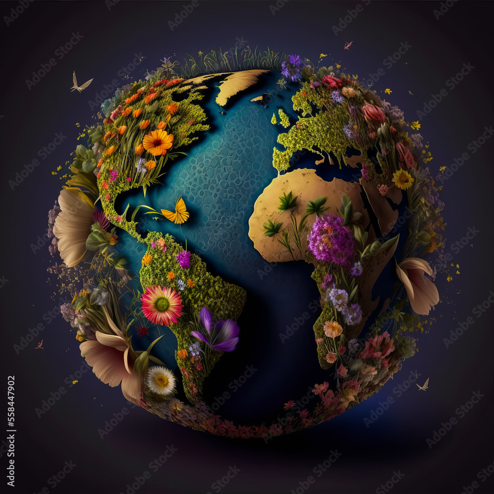 Fototapeta premium A wild and natural garden filled with flowers and green plants covering the planet Earth. An ecological floral illustration perfect for projects imagined in a utopian style.