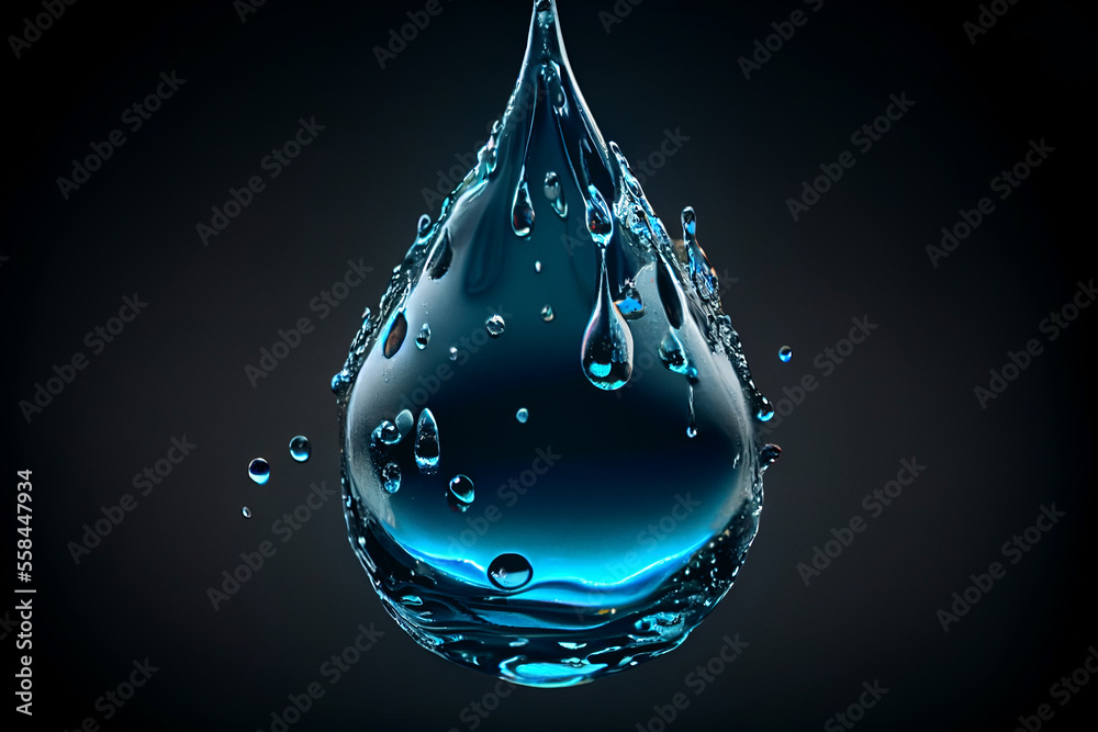 Pure water drop with splashes on black background.  
Digitally generated AI image