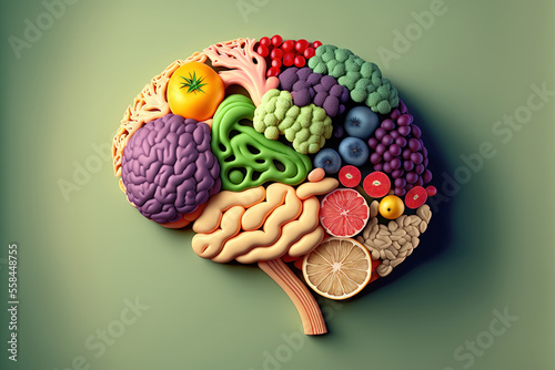 Human brain made of fruits and vegetables created using Generative AI technology. Concept of nutritious foods for brain health and memory. © Ladanifer