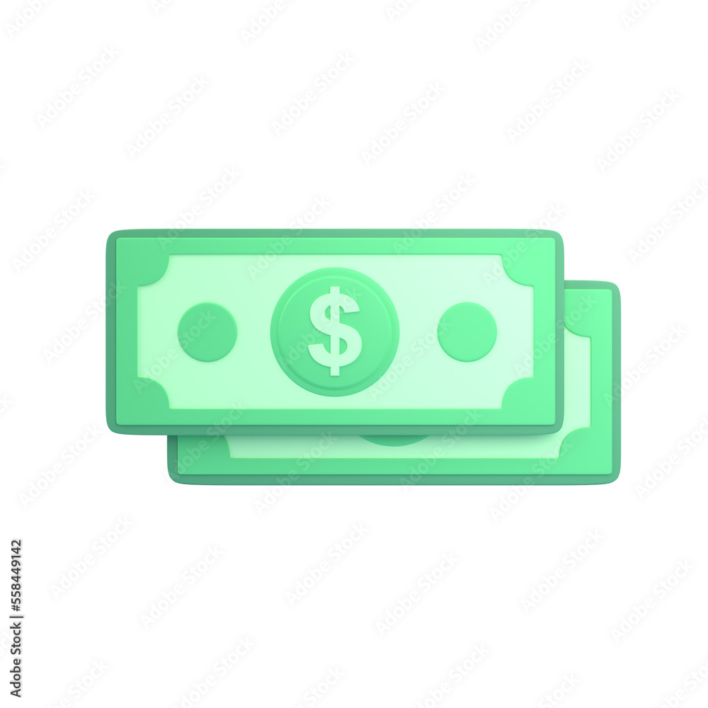 dollar banknotes icon, button, symbol isolated on white background, 3D rendering dollar banknotes icon, button, symbol isolated on white background, 3D rendering