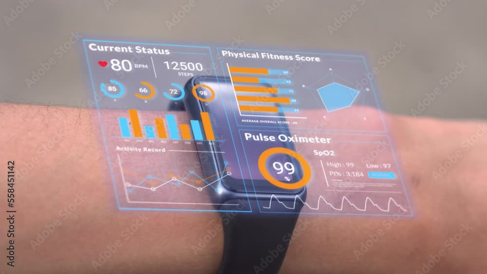 Futuristic hologram infographic display on smartwatch, 3d rendering medical data user interface screen app on hi-tech watch, heart rate SpO2 scanning and physical health condition UI technology