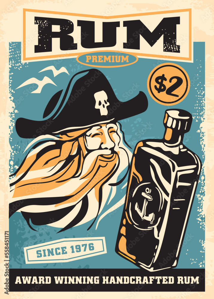 Old pirate and bottle of rum retro poster design template. Vintage rum