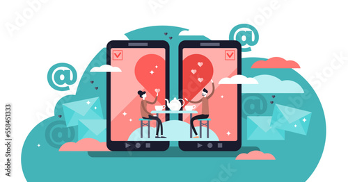 Online dating illustration, transparent background. Flat tiny persons concept couple relationship. Mobile application for distance communication and introduction with romantic or sexual partners.