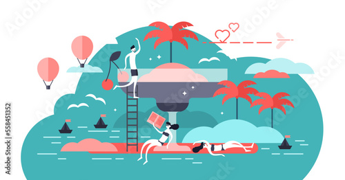 Vacation illustration, transparent background. Tiny persons concept in exotic beach holidays. Summer season tropical ocean journey for leisure and outdoors relaxation with cocktail.