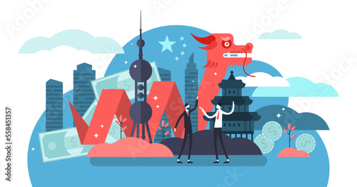 China illustration, transparent background. Flat tiny tourist people in symbolic asian city concept. Traditional culture or architecture element.