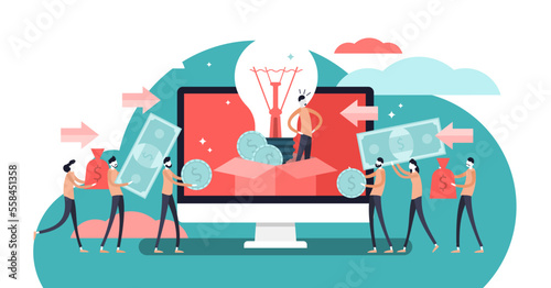 Crowdfunding illustration, transparent background. Startup investment with flat tiny persons concept. Online service project to donate, support or collective raise money for new ideas.