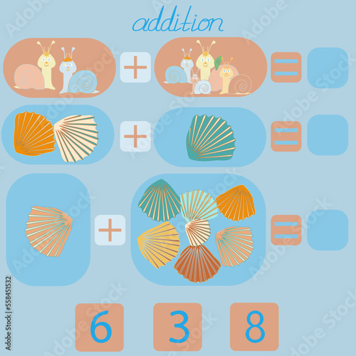 count the snails and shells in the picture and put the right number