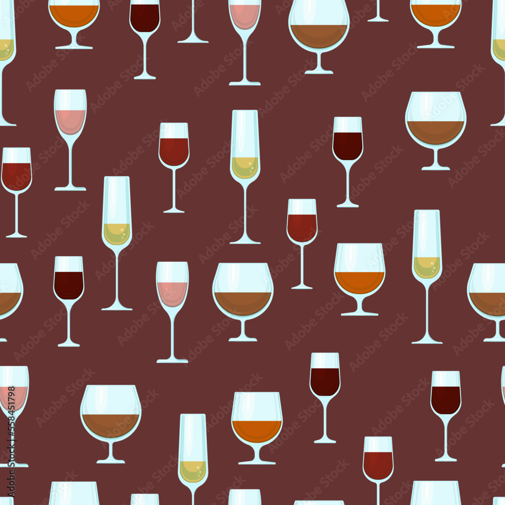 Wine glasses of different shapes with different alcohol seamless pattern. Vector background with alcohol. Print with alcoholic drinks. Wine glasses of different shapes with different alcohol seamless pattern. Vector background with alcohol. Print with alcoholic drinks.