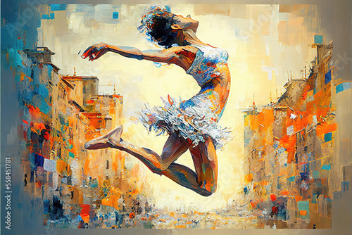 an action flying dance pose of a woman dancing ballet, oil painting style, generative ai technology
 photo