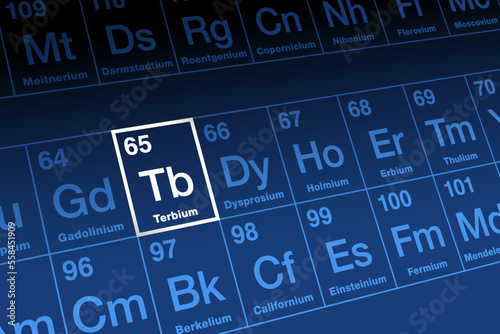 Terbium on periodic table. Malleable and ductile, rare earth metal in the lanthanide series, with atomic number 65, and element symbol Tb. Used in alloys and in the production of electronic devices.