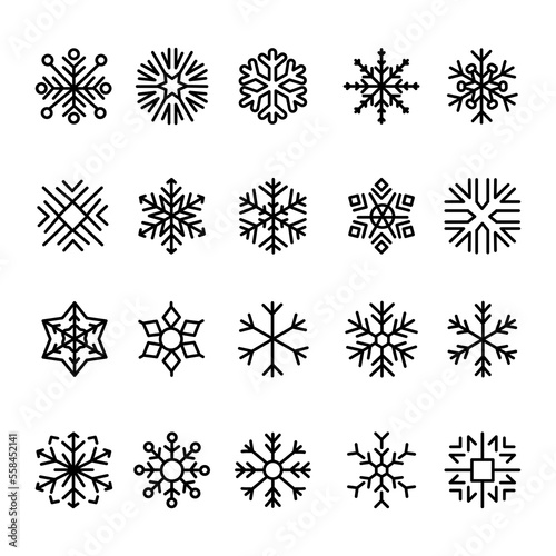 Snowflake color line icons set. Geometric ornament.
