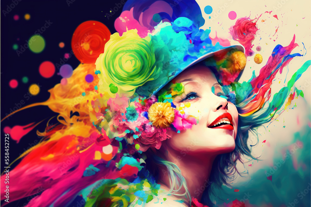 a happy joyful woman smiling and looking into the air, colorful hat, generative ai technology
