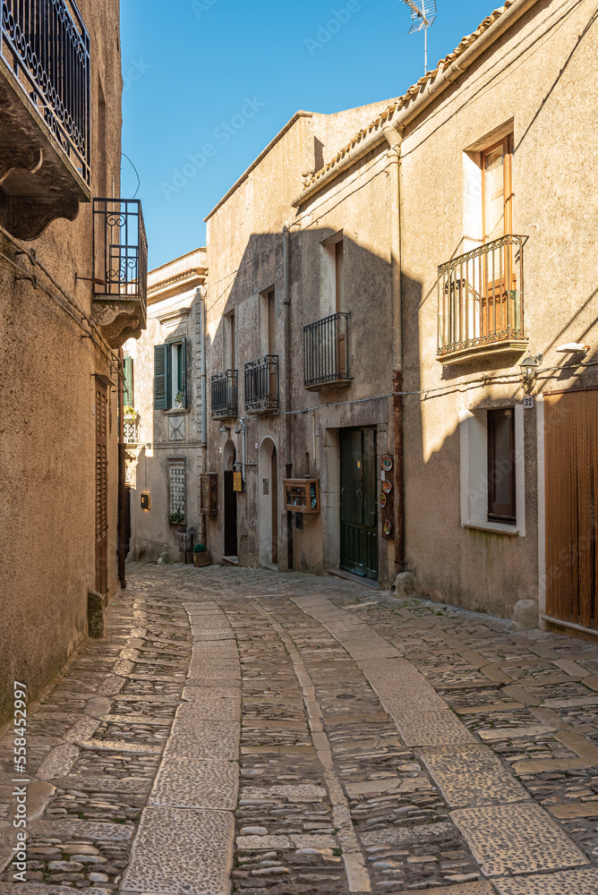 The small town of Erice with its stone houses and narrow, picturesque streets and alleys on the Mount Erice in the west of Sicily. Phoenicians and Greeks settled the town in prehistory times