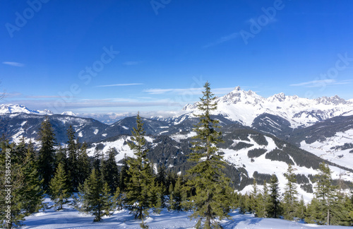 Scenic mountain panorama during wintertime in Salzburg Alps, Austria, Europe. View from Rossbrand mountain on valley and surrounding countryside.
