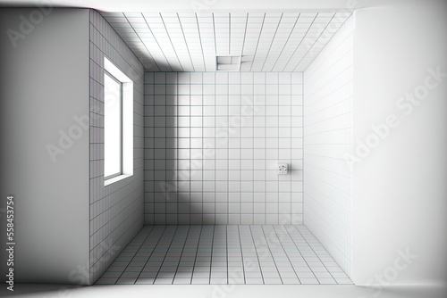 Illustration of a bathroom or toilet room that is vacant and has a white tile floor that is brand new and spotless. The grid lines are symmetrical  and the space is seen from above. Generative AI