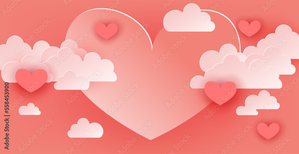 Happy Valentine day celebration card template. Vector illustration background with paper cut hearts and clouds
