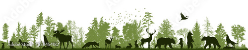 Green forest landscape with silhouettes of animals. Vector illustration
