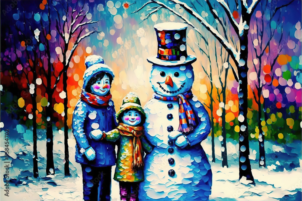 a snowman family, fairytale winter gift card, dad and children together painted with a colorful oil style, generative ai technology
