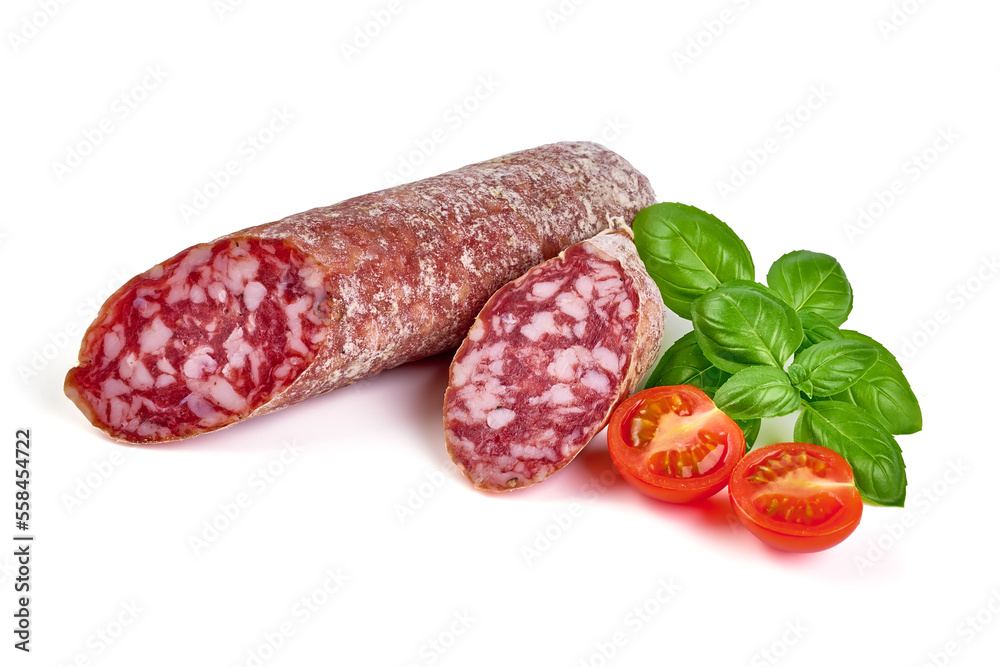 Italian Salami with basil leaves, isolated on white background. Italian Salami with basil leaves, isolated on white background.