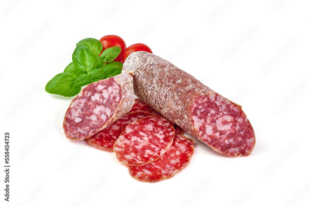 Italian Salami with basil leaves, isolated on white background. Italian Salami with basil leaves, isolated on white background.
