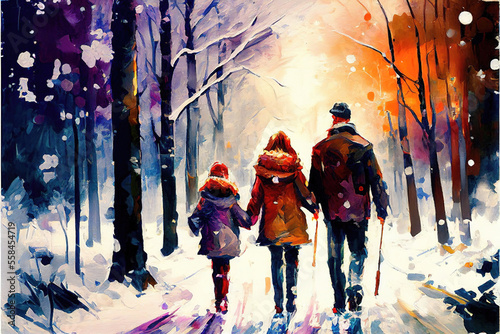 a family walking together thorugh a forest with snow in winter, watercolor art, generative ai technology
 photo