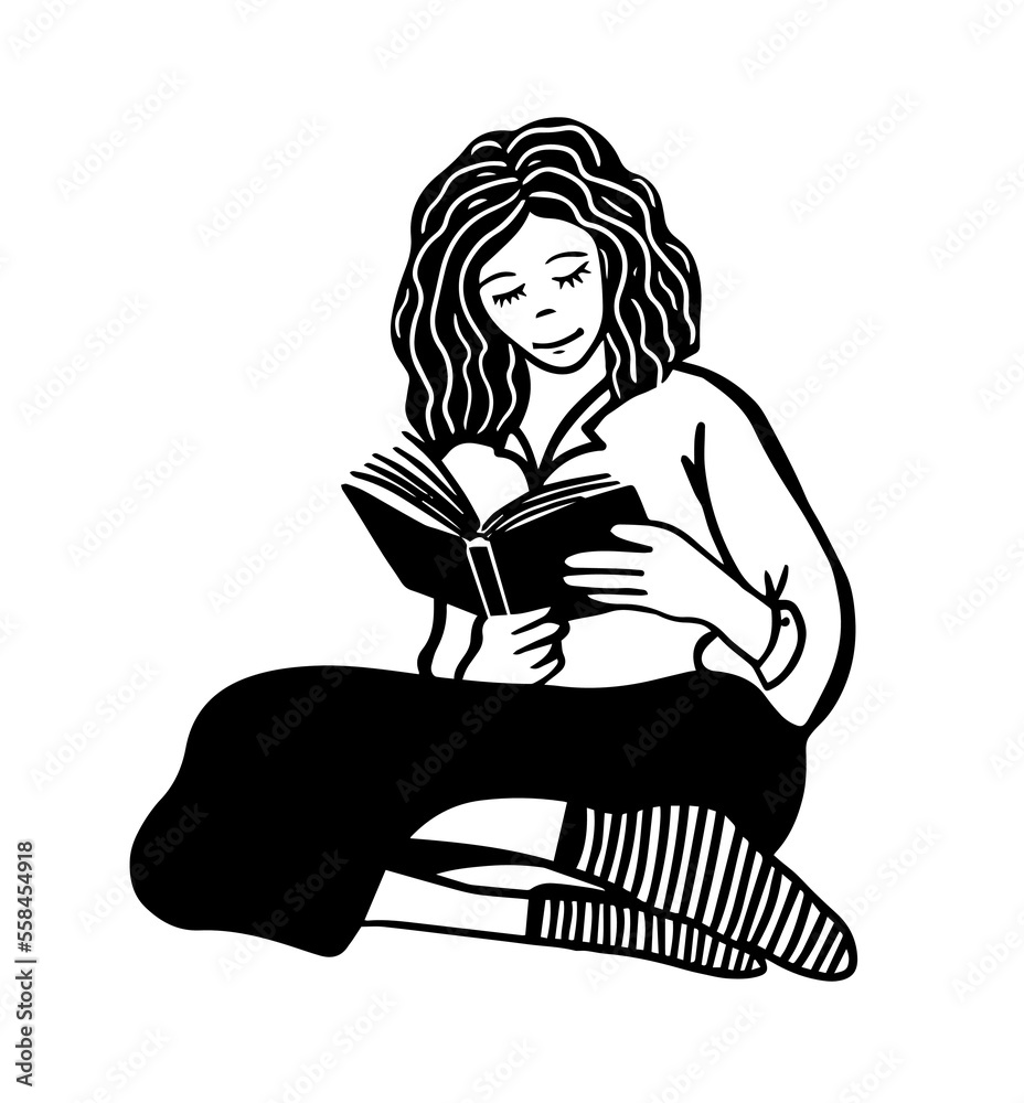 Pretty girl with book. Cute Cartoon character. The girl is reading a book. Vector illustration Pretty girl with book. Cute Cartoon character. The girl is reading a book. Vector illustration