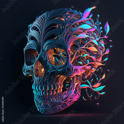 Abstract vector style skull. Synthwave colors. Designed using Generative AI. 