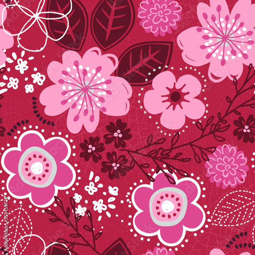 Fun seamless floral pattern in a 2023 color scheme. A modern twist on a retro floral print. Featuring color of the year Viva Magenta