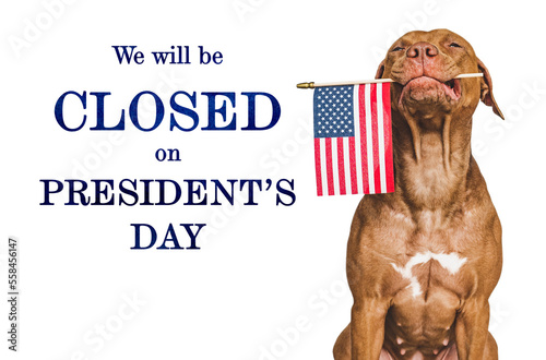 Sign that says We will be closed on President's Day. Lovable, charming puppy with the American Flag. Studio shot. Signboard layout for you store. Closeup, no people