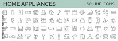 Set of 60 editable stroke home appliances line icons. Electronic equipment, cooking, cleaning, entertainment, body care. outline symbol collection.