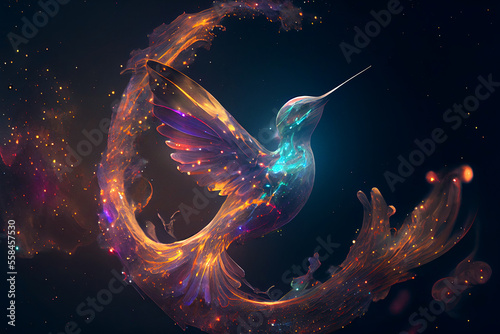 Fantasy Colibri bird at universe with the sky full of stars and aurora. Beautiful volumetric lights and atmosphere.   Digitally generated AI image © 0livia