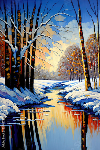 a beautiful winter landsacpe scene of a small river in a forest, generative ai technology
 photo