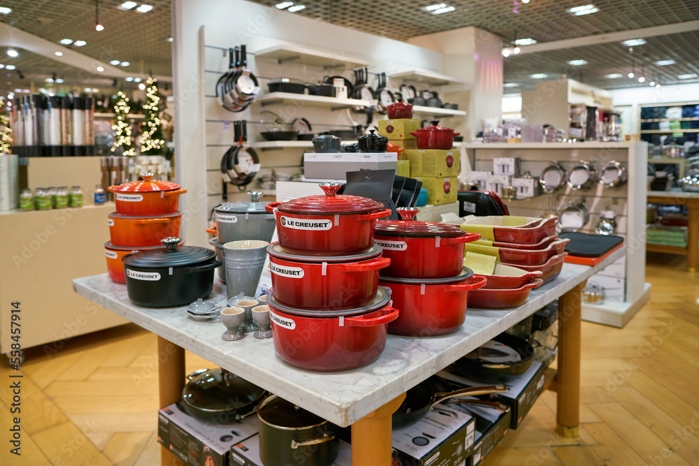 ROME, ITALY - CIRCA NOVEMBER, 2017: Le Creuset cookware displayed at  Rinascente store in Rome. Stock Photo