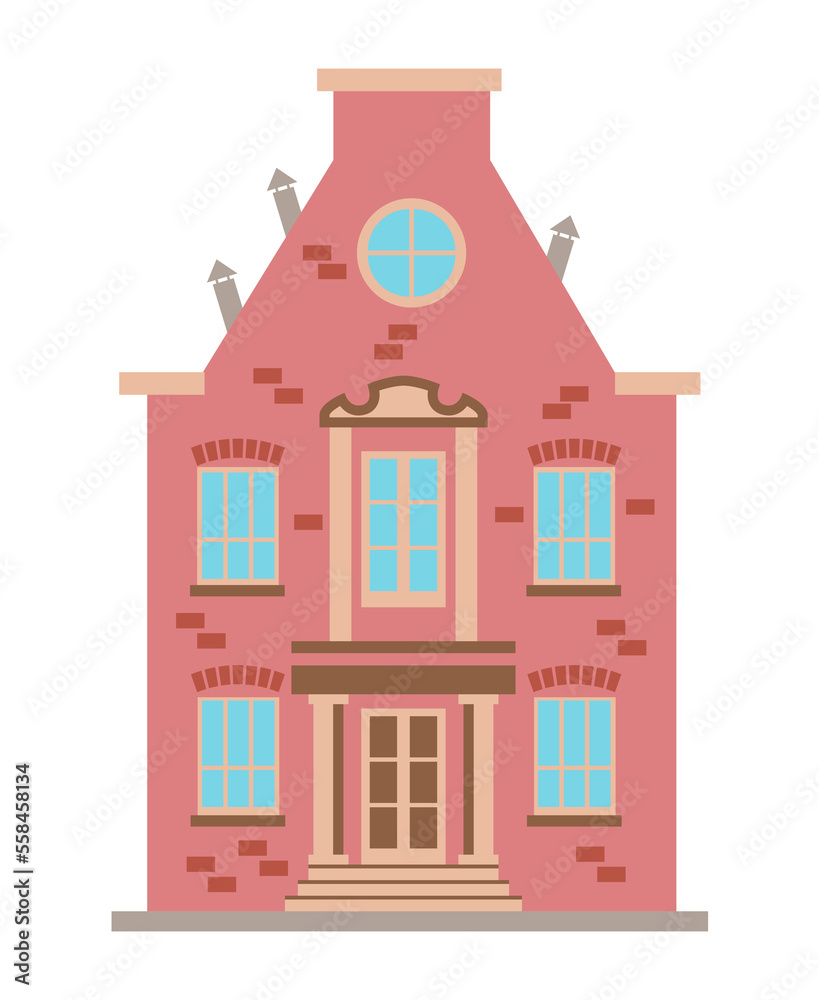 Urban residential building in european historical architecture of Amsterdam. Illustration isolated design