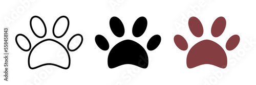 Footprint pet. Paw prints. Dog or cat vector, icon. Foot puppy isolated on white background. Black silhouette paw.  Walks for design. Animal track. Trace foot dog, cat. Vector eps 10