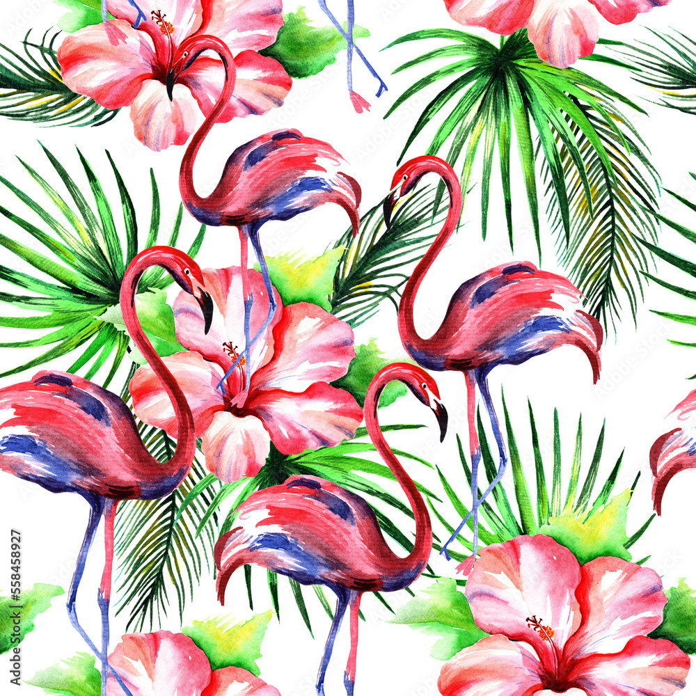 Fototapeta premium Watercolor flamingos and hibiscus flowers in a seamless pattern. Can be used as fabric, wallpaper, wrap.