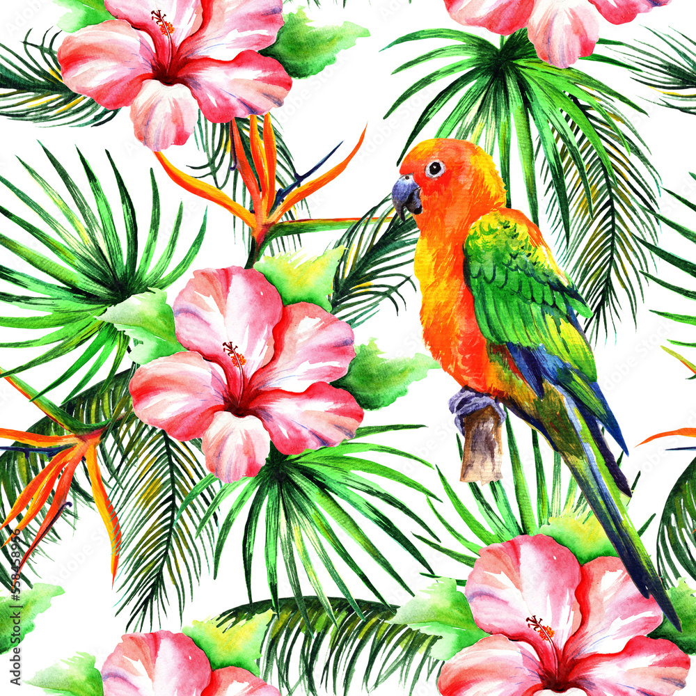 Fototapeta premium Watercolor parrots with hibiscus flowers and tropical leaves in a seamless pattern. Can be used as fabric, wallpaper, wrap.